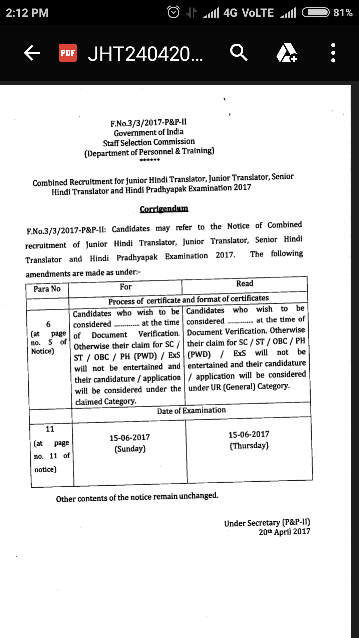 Combined Recruitment for Junior Hindi Translator, Junior Translator, Senior Hindi Translator and Hindi Pradhyapak Examination-2017